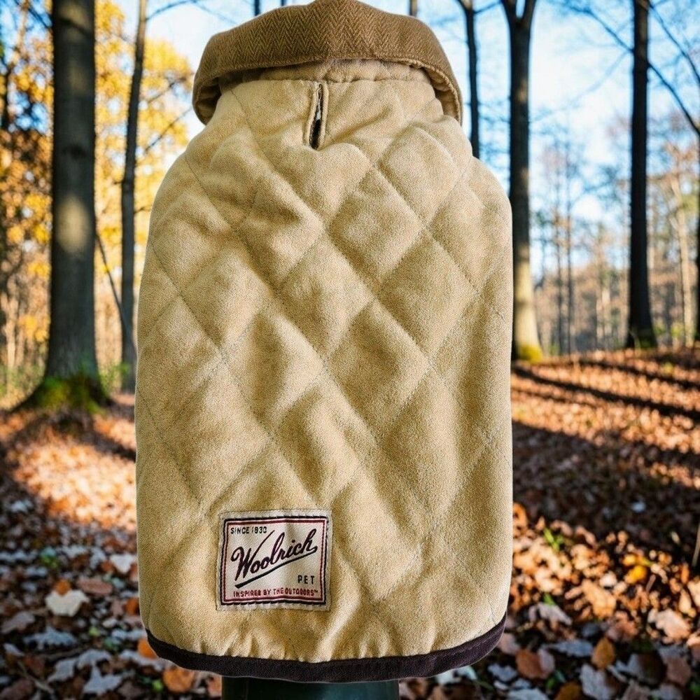 Woolrich Pet Jacket 12" Tan Beige Herringbone Lining Collared Quilted